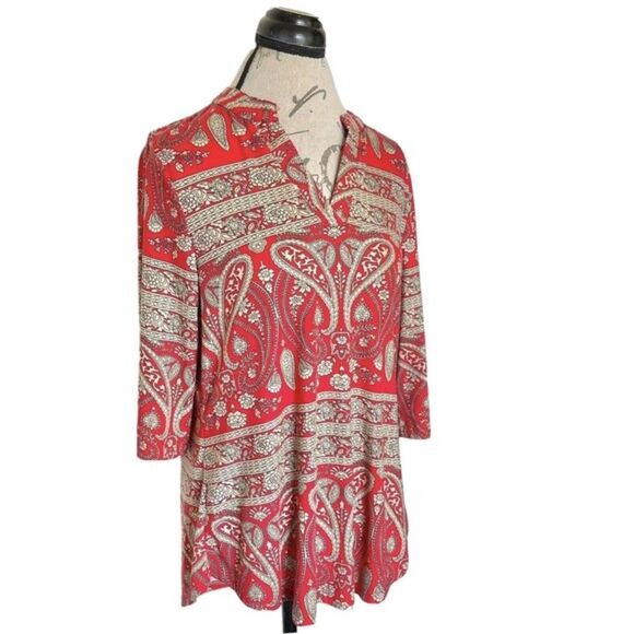A. Jesdani Womens Blouse Top Paisley Red Size Medium Button Rolled Tab Sleeves - Picture 2 of 13